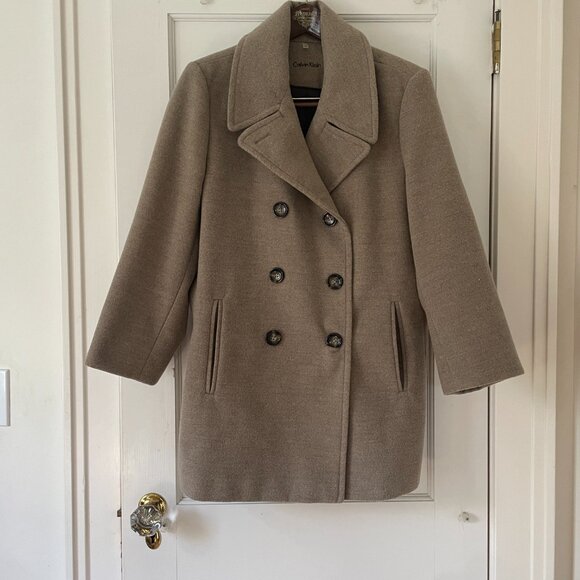 Calvin Klein Taupe/Brown Pea Coat, Size 16 Double Breasted - Picture 2 of 16